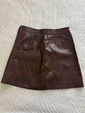 Blue Rain Faux Croc Leather A-Line Mini Skirt - Brown